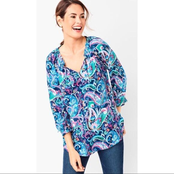 Talbots Blue w/Multicolor Vibrant Pasley Tie Neck Tunic Blouse size XL - Picture 1 of 12